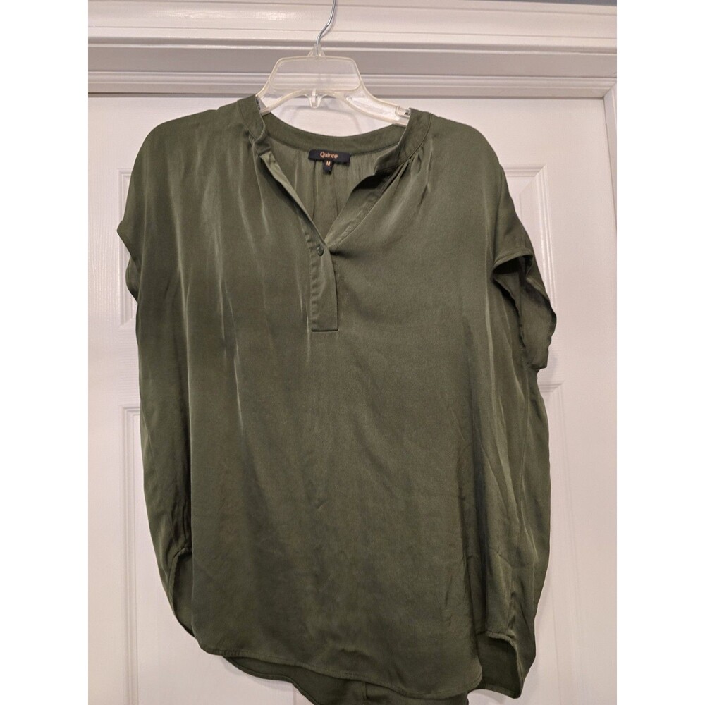 Quince Women Washable Stretch Silk Dolman Sleeve Blouse Green M luxury